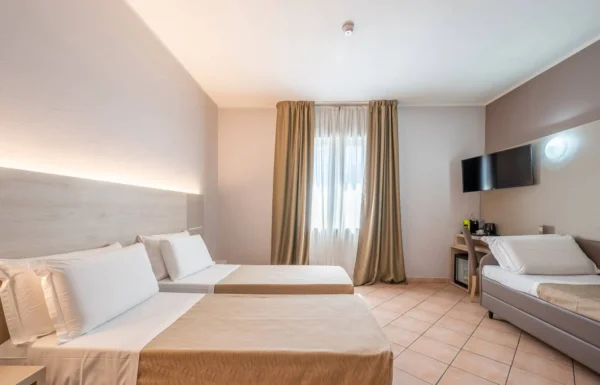 Camera d'albergo con due letti singoli e TV.