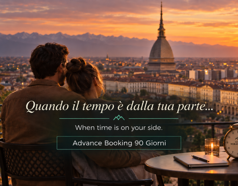 Coppia su una terrazza al tramonto con vista su Torino e la Mole Antonelliana – offerta Advance Booking 90 giorni Hotel Miramonti